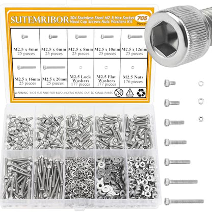 705 Pieces M2.5 Screws Nuts Washers Set, Sutemribor M2.5 x 4/6/8/10/12/16/20mm Hex Socket Head Cap Screws Nuts Washers Assortment Kit, 304 Stainless Steel, Fully Threaded - size: M2.5 Screws Kit, style: Socket Head