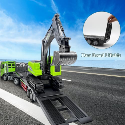 Fistone RC Semi-Trailer Truck & Excavator Toy Set, 1:12 Scale with Sound and Lights, 11CH 2.4Ghz Remote Control Flatbed Truck and Excavator Toys, Great Gift for Kids Boys - style: Flatbed Trailer & Excavator