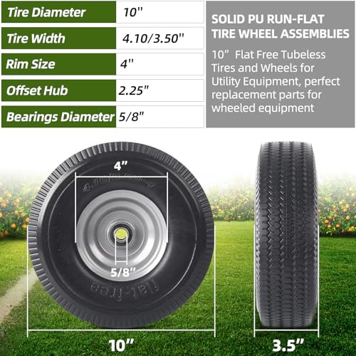 AR-PRO (2-Pack) 10-Inch Solid Wheel Replacement - 4.10/3.50-4 Flat Free Tire and Wheel with 5/8 extra 3/4 &1/2 Bearings and 2.25" Offset Hub - Compatible with Hand Truck, Generator, Gorilla Carts - size: 10‘’