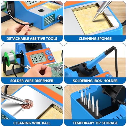 Soldering Station, 140W Digital Display Soldering Iron Station Kit with 2 Helping Hands, 356°F-932°F, Auto Sleep, °C/°F Conversion, Solder Wire, 5 Tips, Solder Sucker, Tweezers, Tip Cleaner, Blue - color: Blue