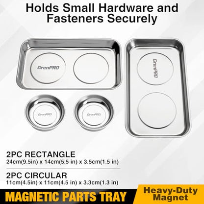 GRENPRO 4-Pack Magnetic Parts Tray Set, 2 Round 2 Square, Stainless Steel | Heavy-duty trays with extra strong magnet hold nuts, bolts, screws; anti-slip base, auto repair workshop storage - style: Square & Round (Stickers Included)