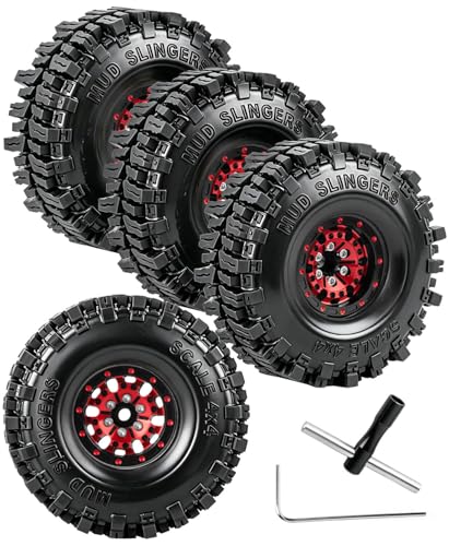 RC Aluminum (4PCS) 1.0 Wheel Rim Soft Rubber Tires&1.0 Beadlock Wheel Rim&Wheels Tires for 1/18 1/24 Trx4m SCX24 RC Crawler Car,Red - color: Red- (Rc Wheels Tires)