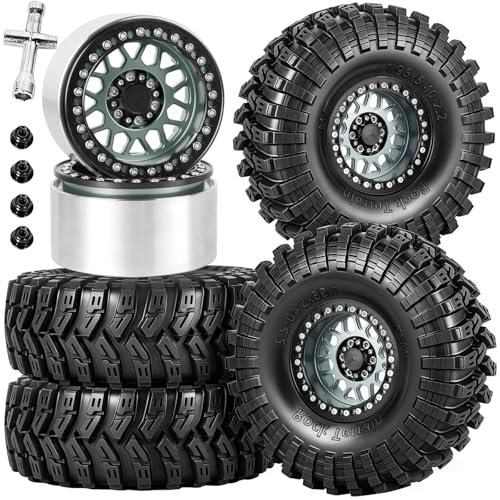 RC 2.2" Beadlock Wheels Tires Set（4PCS for 1/10 SCX10 I II 90046 AXI03007 TRX4 TRX6 VS4-10 D90 Gen7 Gen8 MST CFX RC Crawler Car,2.2 Beadlock Wheels and Tires,Aluminium Wheel Rims,Titanium - color: Titanium -(Rc Wheels Tires)