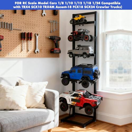 Multilayer Storage Rack Shelf Display Stand for RC Model Cars | Quick assembly, multi-scale fits for 1/8-1/24 TRX4 SCX10 TRX4M SCX24, expandable side holes for hanging RC tools - size: 13.78" x 15.16" x 60.24"