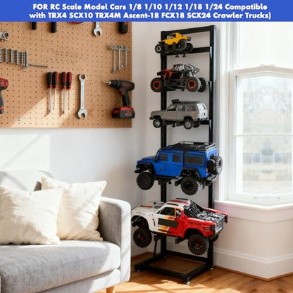 Multilayer Storage Rack Shelf Display Stand for RC Model Cars | Quick assembly, multi-scale fits for 1/8-1/24 TRX4 SCX10 TRX4M SCX24, expandable side holes for hanging RC tools - size: 13.78" x 15.16" x 60.24"