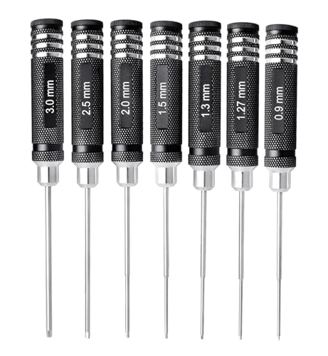 7pcs RC Hex Screwdriver Set 0.9/1.27/1.3/1.5/2.0/2.5/3.0mm Hex Driver Set | 7 hex drivers: 0.9,1.27,1.3,1.5,2.0,2.5,3.0mm. Steel tips, aluminum handles, non-slip grip. For RC Car Drone assembly&repair.