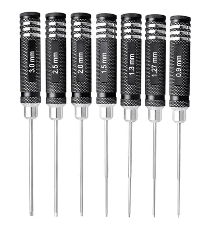 7pcs RC Hex Screwdriver Set 0.9/1.27/1.3/1.5/2.0/2.5/3.0mm Hex Driver Set | 7 hex drivers: 0.9,1.27,1.3,1.5,2.0,2.5,3.0mm. Steel tips, aluminum handles, non-slip grip. For RC Car Drone assembly&repair.