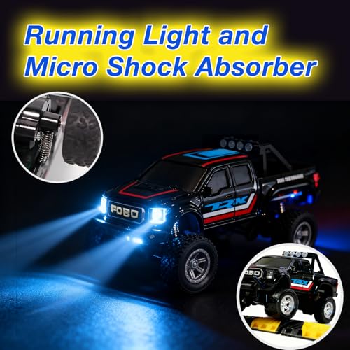 Mini RC Truck, 1/64 Scale Alloy Monster Truck Remote Control Car | 2.4GHz Control, LED Lights, 3-Speed Settings, Cruise Control,Adjustable Steering, Indoor Outdoor Toy for Kids Adults - color: Black