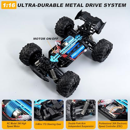 1:16 Scale All-Terrain RC Car for Adults - 40+KM/H High Speed 4WD Off-Road Remote Control Truck with 2 Rechargeable Batteries, 2.4GHz Electric Toy Vehicle Gift for Teens and 14+ (1:16 Scale)