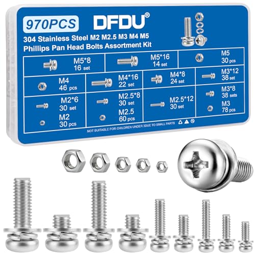970PCS Machine Screws Assortment Kit Phillips Pan Head 304 SS M2-M5 | Rust-proof M2-M5 metric bolts & nuts for home repair. Fixed washers save time. For DIY, furniture, appliances and outdoors - size: SS M2M2.5M3M4M5 970PCS