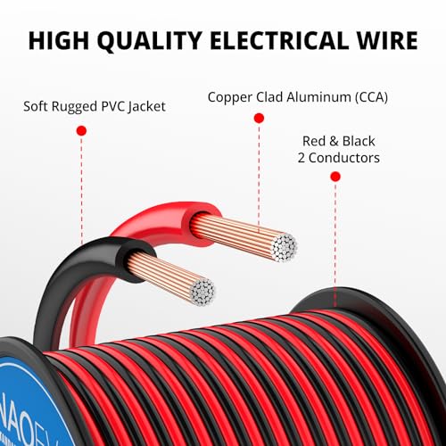 NAOEVO 12 Gauge Wire 2 Conductors, CCA Red Black Electrical Wire, 200FT | Flexible, High Conductivity & Wear-Resistant 12 AWG Wire with PVC insulation for Automotive, Speaker, LED, Marine, 12V/24V DC - size: 200ft, style: 12AWG