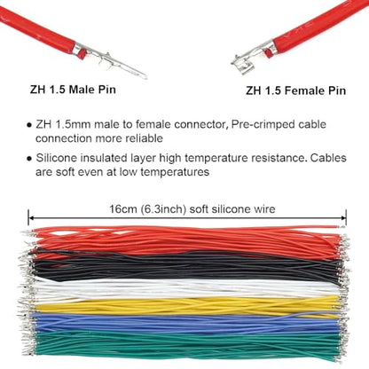 ZH 1.5MM Male Female Connectors and 28AWG Pre-Crimped Silicone Cables kit, ZH1.5 Connector Socket 2/3/4/5/6 Pin Housing JST Adapter Cable Connector with Length of 160mm (6.3inch) Wire Cable