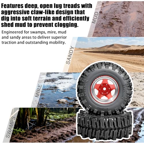 1.3" RC Beadlock Wheel Tires Set 64x26mm for SCX24 TRX4M, Red (4PCS) | Upgraded 1.45-inch Wheel for 1/24 SCX24 AX24 FCX24 1/18 TRX4M FMS RC Crawler Car Upgrade - color: Red
