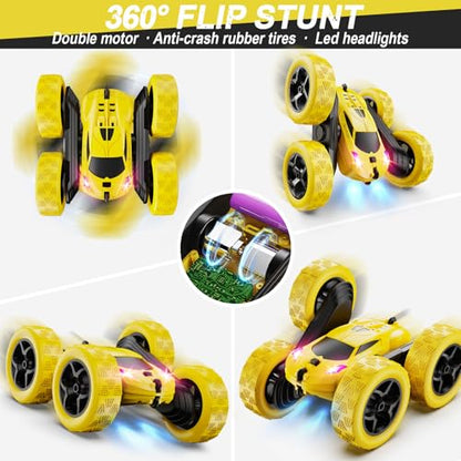 QUNREDA Remote Control Car,RC Car Toys for 6-12 Year Old Boys, Off Road RC Stunt Car 4WD 360° Rotating Remote Control Car for Kids, Boys Girls Gifts for Birthday, Christmas Yellow - color: Yellow