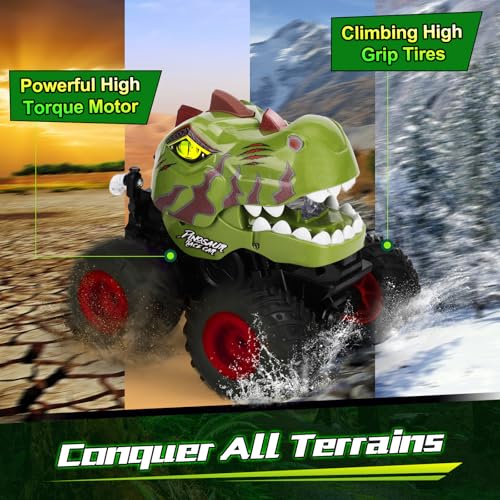 Drefirsa Remote Control Car for Boys 4-7 8-12, Dinosaur Monster Truck Toys with 50min+ Runtime, Spray, LED Light, 360° Rotating & 90° Driving, RC Stunt Car for Kids Birthday | 50min+ Runtime,Stunt, Spray, LED Light, Rotating, Upright Driving, RC Stunt Car