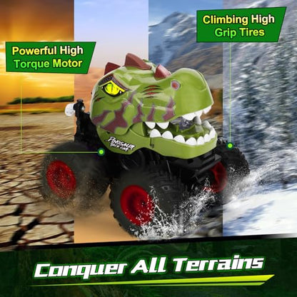 Drefirsa Remote Control Car for Boys 4-7 8-12, Dinosaur Monster Truck Toys with 50min+ Runtime, Spray, LED Light, 360° Rotating & 90° Driving, RC Stunt Car for Kids Birthday | 50min+ Runtime,Stunt, Spray, LED Light, Rotating, Upright Driving, RC Stunt Car