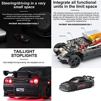 1:76 Turbo Racing Scale RC Sport Car, Table Racing Remote Control Mini Model Car Full Proportional RTR Kit Toys (C74-black) - color: C74-black
