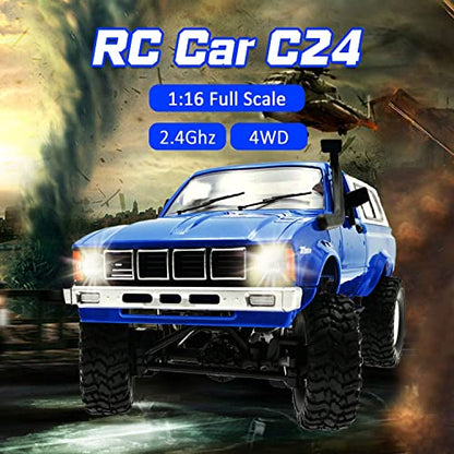 WPL C24 1/16 4WD RC Off-Road Pickup Blue | 2.4G RTR rock crawler with 3 upgraded 1200mAh batteries, hobby gift for men