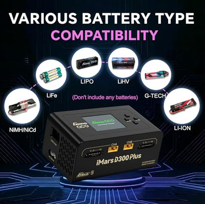 IMARS D300 Plus Gens Ace Lipo Battery Charger G-Tech Series Dual Lipo Balance Charger AC 300W DC 700W 16A Smart Charger for 1s~6s Lipo Batteries, Life/NiCd/MH/LiHV, Plug&Play (Black)