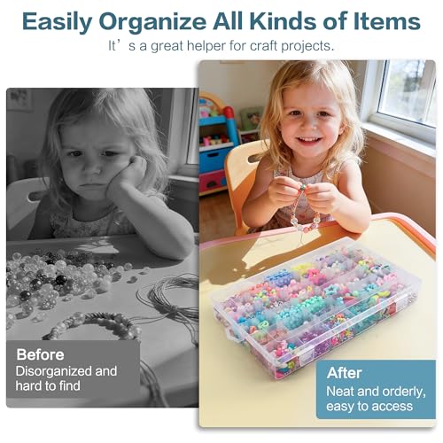 DILIBRA 2 Pack 36 Grids Large Plastic Organizer Box with Adjustable Divider | Clear Craft Organizers Bead Organizers with Label Stickers, Compartment Container for Beads Crafts Jewelry Fishing Tackles - size: 2 Pack 72 Grids