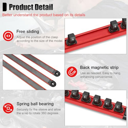 Magnetic Socket Organizer, 1/2" Heavy Duty Aluminum Metric & SAE Socket Rail Organizer, 360° Swivel Clips Socket Holder, Automotive Garage Drive Socket Tray Tool Holds 12 Sockets (1/2) - size: 1/2