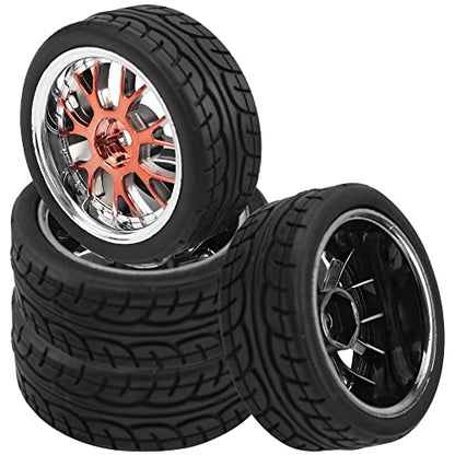 4Pack HIRCQOO 12mm Hex Plastic Wheel Rims & 2.59" Rubber Tires Set w/Foam Compatible with Traxxas Kyosho HPI Tamiya TT-01 TT-02 Sakura HSP 1/10 RC On-Road Touring Car (Red) - color: Red