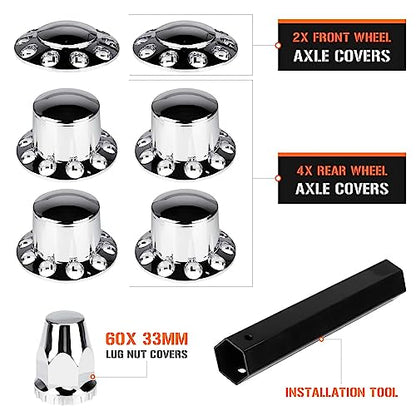 Aeagle Dome Axle Cover Combo Kits for Semi Truck Hubs w/Screw-On 33mm Lug Nut, ABS Plastic Chrome Plated, 2 Front & 4 Rear, 10 Hole Removable Caps, 6Pcs - color: Front & Rear Dome