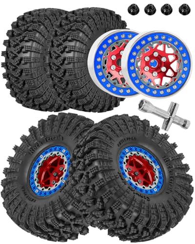 1.9 RC Wheels for 1/10 SCX10 SCX10II SCX10III 90046 TRX4 D90.Aluminium RC Truck Tires Highway Tires 1.9" RC Wheels and Tires 1.9 Beadlock Wheel Rim RC Tires,Red&Blue - color: Red&blue（for 1/10）
