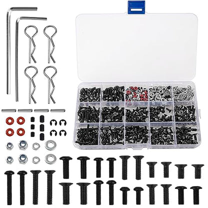520Pcs Universal RC M3 M4 Screws Kit M3 M4 Washer Lock Nut R Buckle Body Clips 2x10mm Pins Compatible with 1/8 1/10 HSP Axial SCX10 Traxxas Arrma Losi RC Car Truck Repair Tool Box