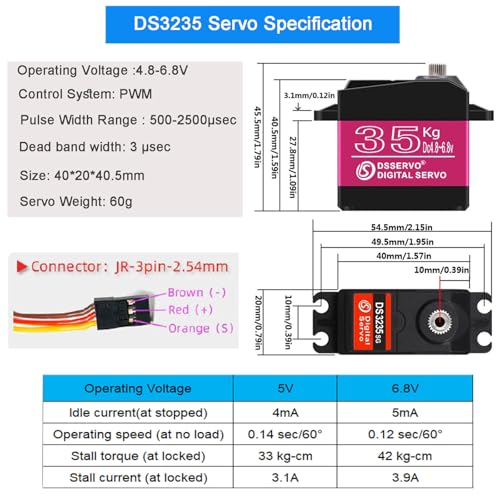 2Pcs 35KG Digital Servo 4.8-6.8V DS3235MG Stainless Steel Full Metal Gear High Torque Waterproof RC Servo for 1/8 1/10 Baja RC Car Rock Crawler Truck Buggy Airplane Boat Robotic Projects