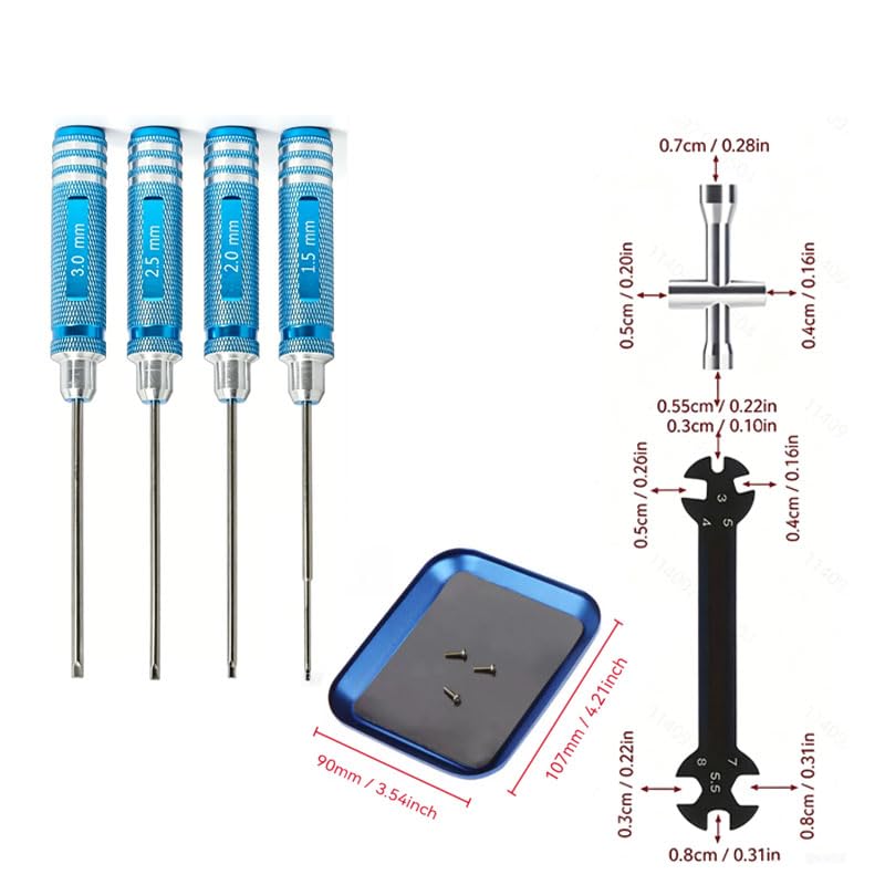 RC Car and Drone Repair Tools: 1.5, 2.0, 2.5, 3.0 mm Hex Screwdrivers, Socket Wrenches, and Small Adjustment Wrenches for Rods Suitable for: 1/5, 1/8, and 1/10 Scale Models (Blue 4-Piece Set)