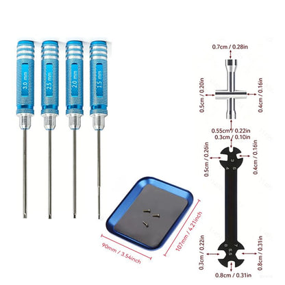 RC Car and Drone Repair Tools: 1.5, 2.0, 2.5, 3.0 mm Hex Screwdrivers, Socket Wrenches, and Small Adjustment Wrenches for Rods Suitable for: 1/5, 1/8, and 1/10 Scale Models (Blue 4-Piece Set)