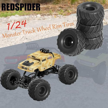 REDSPIDER 1/24 Monster Truck Wheel Rim Tires Set（4pcs） OD:52mm*27mm Hex 7mm for FCX24 SCX24 C10 JLU Deadbolt Gladiator Bronco 1/24 Crawler Car (at)