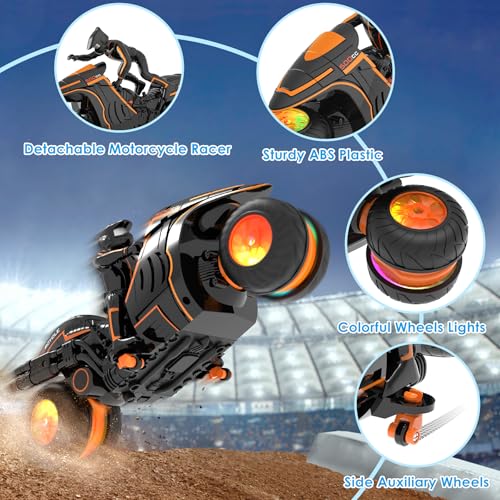 Remote Control Motorcycle with RGB Lights & Exclusive Side Glide | Ready-to-Play with 2 Batteries | 2.4GHz RC Stunt Bike Gift for Kids 5-12 - color: Orange