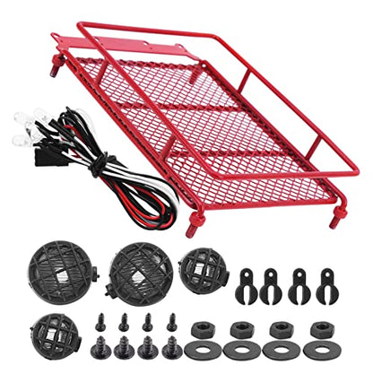 Metal ROOF Rack Luggage Carrier LED Light MN 1/12 RC Crawler Durable Practical RED Black Silver Applicable Remote Control CAR (Red) - color: Red