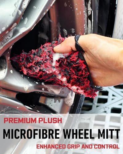 8PCS Wheel Cleaning Kit with Microfiber Brush & Rubber Grip Tire Brush, Twist Loop Drying Towel, Detailing Brush, Applicator for Car Rim and Tire Care - color: Red & Black