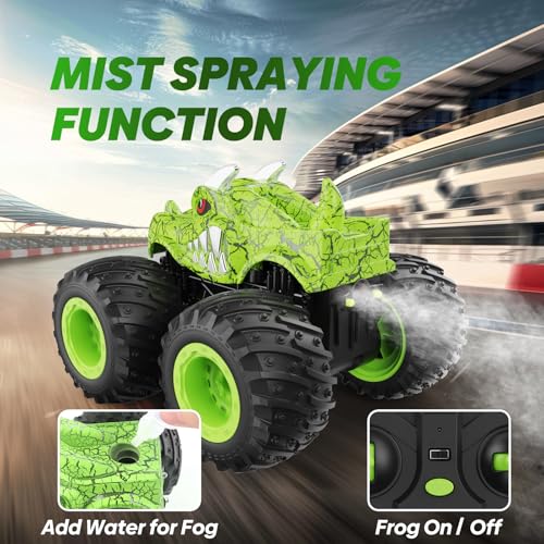 BAODLON RC Monster Trucks Toys for 3 4 5 6 7 8 Years Old Boys Kids, 2.4GHz Remote Control Monster Car, All Terrain RC Truck Off Road with Spray & Light, Rechargeable Battery, Christmas Birthday Gifts - style: Dinosaur-green