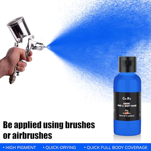 Go Ho Blue Face Body Paint(2.1 oz),Blue Makeup Water Based Face Paint and Body Paint for Airbrush Makeup Special FX, Cosplay, and Halloween Make up - color: Blue