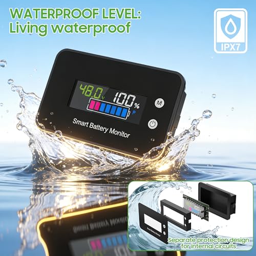 10L0L IPX7 Waterproof Golf Cart Battery Monitor with Bracket,7V-100V Tester | 12V 24V 36V 48V 60V 72V Digital Display Lead-acid & lithium-ion Battery Voltage Remaining Capacity Percentage Tester