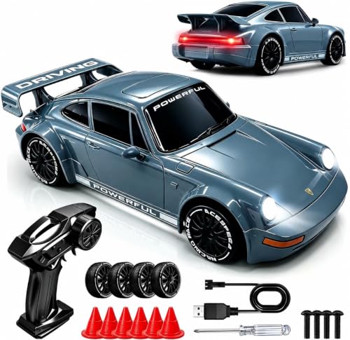 1:20 RC Drift Car, 2.4GHz 4WD 360° Fixed Point Drift for Boys | 50 min playtime with 2 batteries, 2 tire sets (drift & off-road), 3 LED lights, great gift for kids 6-12 - color: Gray-blue