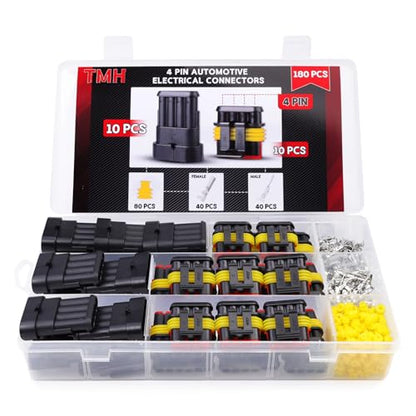TMH 180 Pcs 4 Pin Electrical Connector Kit Automotive Electrical Wire Terminal Connectors Male&Female Pin Automotive for Car Truck Motorcycle Marine Boat - size: 4 Pin (180 Pcs)