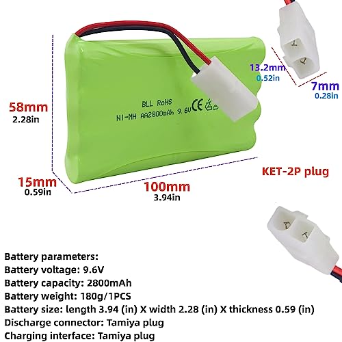 2PCS AA 9.6V 2800mAh Rechargeable Battery with Tamiya Plug and 2PCS USB Charging Cable Suitable for RC Toy Cars, Trucks, Tanks, Engineering Vehicles, RC Ships Spare Battery Pack