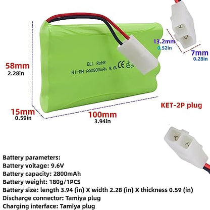 2PCS AA 9.6V 2800mAh Rechargeable Battery with Tamiya Plug and 2PCS USB Charging Cable Suitable for RC Toy Cars, Trucks, Tanks, Engineering Vehicles, RC Ships Spare Battery Pack