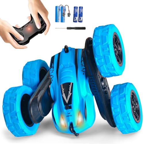 Remote Control Car, 4WD 2.4GHz Double-Sided RC Stunt Car, 360° Rotating Electric Rechargeable Toy Car with LED Lights, Gift for Boys Girls Ages 6+(Blue)