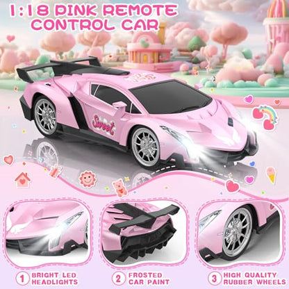 Growsland Remote Control Car for Girls, 1:18 Pink RC Cars Toys for Kids Girl Electric Vehicle Toy Car Hobby Racing Car with Lights & Controller, Birthday Gifts for Girl Boys Age 3 4 5 6 7 8 9 Year Old - color: Pink