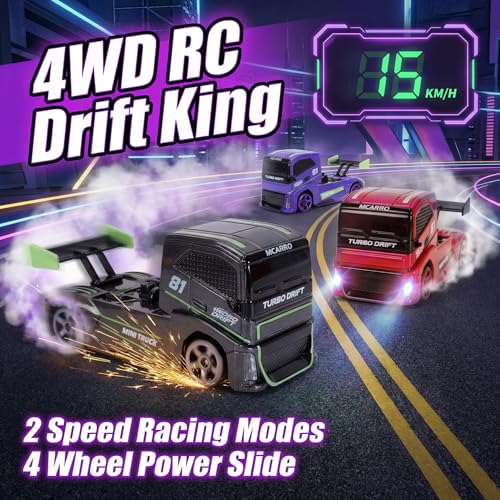 1/87 Scale Drift Rc Car - Semi-Truck Edition | 2.4GHz 4WD High-Speed Mini Remote Control Truck with Racing Lights (Gray)