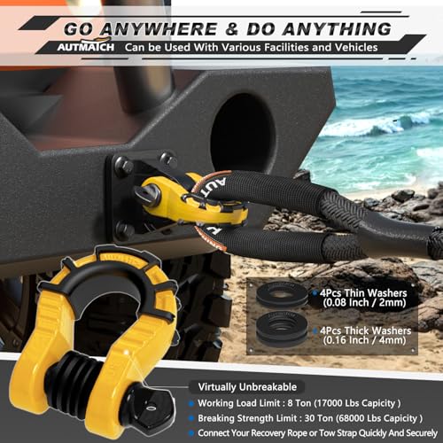 AUTMATCH D Ring Shackles 3/4" Mega Shackle (2 Pack) 68,000Ibs Break Strength - Heavy Duty Clevis Shackles with 7/8" Screw Pin and Isolator Washer for Tow Strap Winch Off Road Vehicle Recovery, Yellow - color: Yellow & Black