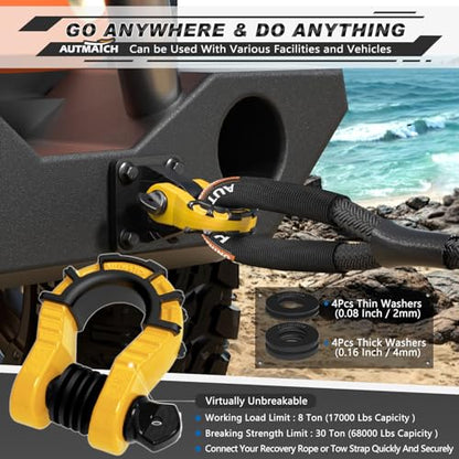 AUTMATCH D Ring Shackles 3/4" Mega Shackle (2 Pack) 68,000Ibs Break Strength - Heavy Duty Clevis Shackles with 7/8" Screw Pin and Isolator Washer for Tow Strap Winch Off Road Vehicle Recovery, Yellow - color: Yellow & Black