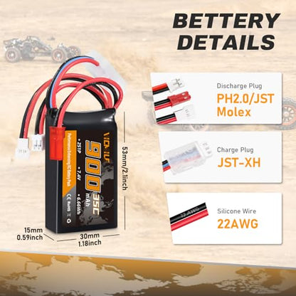 SCX24 Battery 7.4V 900mAh Lipo Battery 2S 35C(Burst 70C) FCX24 Battery with PH2.0&JST&Molex Plug Fit for FMS SCX24 RC Car WLtoys A949 A959 A969 A979 K929 Most 1/10 1/16 1/18 1/24 RC Car Truck - style: 2PACK with Charger