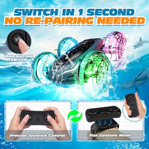Tecnock Amphibious Remote Control Car Boat, 4WD Gesture RC Cars with Magnetic Charging, 60 Min Playtime, LED Lights, Pool Toys for Kids Ages 6-12, Gift Toys for Boys Girls - color: Green